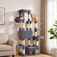 PawHut Tiragraffi per Gatti Grande Alto 180 cm Multilivello, 13 Pali Graffiatoi, 2 Grotte, Amaca, 2 Cucce, Grigio Scuro(m-14)
