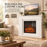 HOMCOM Camino Elettrico da Terra/Incasso con Cornice per TV 38'', 1800W, Effetto Fiamma 3D, Funzione Memory, Bianco(m-4)