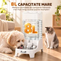 PawHut distribuitor automat de apă cu gravitație 8 L pentru pisici și câini, cu bol din inox, alb(m-4)