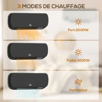 HOMCOM Radiateur Mural Soufflant 2000 W, Chauffage Céramique PTC, 3 Niveaux de Puissance, Télécommande, 45x18,6x11,5cm, Noir(m-8)