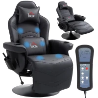 HOMCOM Gamingsessel, Massagefunktion, neigbare Lehne, Fußstütze, bis 120 kg, Stahlrahmen, Kunstleder, Schwarz(m-12)