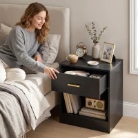 HOMCOM Set 2 Noptiere Moderne din Lemn cu Sertar și Poliță Deschisă, 39x28x41 cm, Negru(m-9)