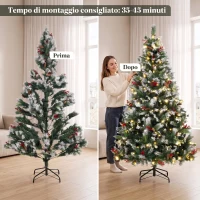HOMCOM Albero di Natale Innevato 180cm, 250 Luci LED a 2 Colori, Telecomando, 11 Modalità, 840 Rami, Pigne, Bacche Rosse(m-8)