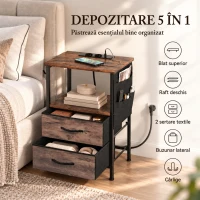 HOMCOM Măsuță industrială pentru living cu stație de încărcare, raft deschis, 2 sertare, maro rustic(m-4)