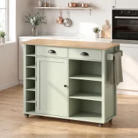 HOMCOM Ilha de Cozinha com Rodas Tampo Rebatível Suporte para Especiarias Prateleiras na Porta Armário 2 Gavetas 117,5x70x91 cm Verde Claro(m-2)