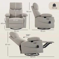HOMCOM Elektrische Relaxfauteuil met Massage en Verwarming, 270° Draaibaar en Schommelend, 3D-armleuningen, Verstelbare Hoofdsteun, USB-C/USB, Lichtgrijs(m-3)
