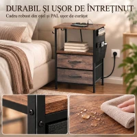 HOMCOM Măsuță industrială pentru living cu stație de încărcare, raft deschis, 2 sertare, maro rustic(m-7)