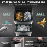 HOMCOM Kosz z czujnikiem 40 l, 3 komory (2 x 12,5 l + 15 l), Soft-Close i funkcja otwarcia, srebrny(m-5)