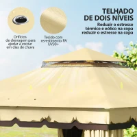 Outsunny Pérgola de Jardim 3,7x3 m com Teto Duplo 4 Cortinas e Mosquiteira Estrutura em Aço Orifícios de Drenagem UV30+ Bege(m-4)