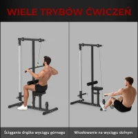 Atlas HOMCOM z kołem pasowym regulowanym siedziskiem i kilkoma pozycjami linek do wzmacniania mięśni urządzenie treningowe fitnessu w domu stal kolor czarny 180 x 183 x 219 cm(m-4)