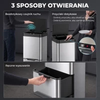 HOMCOM Kosz z czujnikiem 40 l, 3 komory (2 x 12,5 l + 15 l), Soft-Close i funkcja otwarcia, srebrny(m-4)