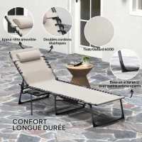 Outsunny Bain de soleil pliante dossier réglable sur 5 niveaux, plateau, appuie-tête, poche latérale 60x190x31cm, crème(m-5)