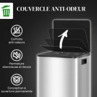 HOMCOM Poubelle de cuisine 2 compartiments de 2 x 20L, avec pédale, en acier inoxydable, couvercle à fermeture douce(m-6)