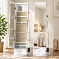 HOMCOM Espelho de Pé Giratório 360° com Espelho com Interior Iluminado Organizador de Jóias com Prateleiras e Gavetas 56x56x164 cm Branco(m-2)