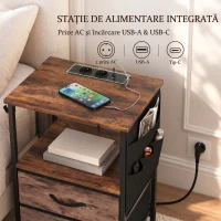 HOMCOM Măsuță industrială pentru living cu stație de încărcare, raft deschis, 2 sertare, maro rustic(m-5)