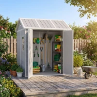 Outsunny 6 x 6ft Garden Shed with Floor, Window, Lockable Doors and Vents, Wood Effect Resin Tool Shed for Outdoor Patio, Grey(m-9)