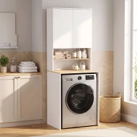 HOMCOM Wasmachinekast met verstelbare legplank en 2 deuren, wit/eiken(m-12)