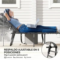 Outsunny Tumbona Plegable con Respaldo Ajustable Reposacabezas Bolsillo Lateral Bandeja y Estructura de Acero 190x60x31 cm Gris(m-4)