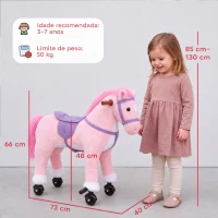 AIYAPLAY Cavalo de Brincar com Rodas, Som de Cascos, Música, Pedais e Pegas, Estrutura Metálica, +3 Anos, 50 kg, Rosa(m-3)