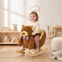 AIYAPLAY Schaukelpferd aus Holz mit Cartoon-Bär, Sicherheitsgurt und Musik, für Kleinkinder 18-36 Monaten, Braun(m-10)