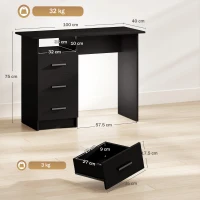 HOMCOM Scrivania Salvaspazio con 3 Cassetti, Ripiano Aperto, Scrivania Ufficio, Moderna, 100x40x75 cm, Nero(m-3)
