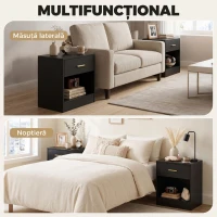 HOMCOM Set 2 Noptiere Moderne din Lemn cu Sertar și Poliță Deschisă, 39x28x41 cm, Negru(m-6)