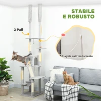 PawHut Albero Tiragraffi a Soffitto con Altezza Regolabile 225-255 cm con Casetta e Amaca, Grigio Chiaro(m-5)