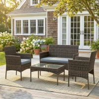 Outsunny Set da Giardino 4pz con Divano 2 Posti, 2 Sedie e Tavolino Basso, in Rattan e Acciaio, Grigio e Marrone(m-10)
