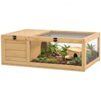 PawHut Maison enclos cage habitat pour petit animal tortues avec 2 espaces 91 x 60,5 x 32 cm bois massif jaune clair(m-13)