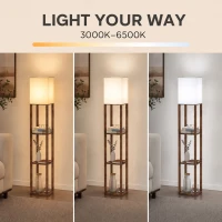 HOMCOM Floor Lamp with Shelves, Modern Dimmable Standing Lamp with Fabric Shade, Adjustable Colour Temperature, Rustic Brown(m-5)