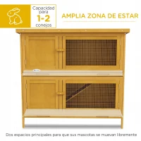 PawHut Conejera de Madera de 2 Pisos con Techo Asfáltico Bandejas Extraíbles y Rampa para 2 Conejos 97x44x91 cm Amarillo(m-5)