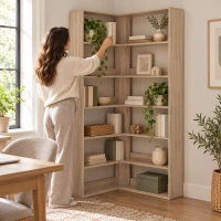 HOMCOM Bibliotecă de colț 7 nivele, raft de depozitare în formă de L cu borduri posterioare anti-cădere, efect lemn natural(m-6)