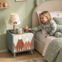 AIYAPLAY Mesa de Cabeceira Infantil 3-8 Anos com Gaveta, Pés em Madeira de Pinho, Motivo de Urso, Cantos Arredondados, Verde(m-4)