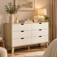 HOMCOM Comodă cu 6 sertare și mânere sculptate, din lemn, 120x40x76 cm, alb și stejar(m-10)