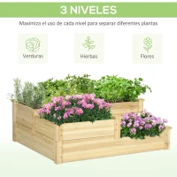 Outsunny Huerto Urbano 3 Niveles de Madera Jardinera Elevada con Base Abierta para Cultivar Plantas Flores 108x88x36 cm Natural(m-4)