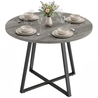 HOMCOM Runder Esstisch für 4 Personen Ø 100 cm, quadratisches Gestell aus Kohlenstoffstahl, Industrial-Style, Holzoptik Grau(m-5)