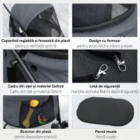 PawHut Cărucior pliabil pentru câini cu copertină reglabilă, geantă și 2 lese, 82x47x97 cm, gri și negru(m-7)