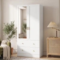 HOMCOM Armario Dormitorio 2 Puertas y 2 Cajones Armario Ropero con Espejo Barra para Colgar 80x50x180 cm Blanco(m-2)