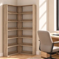 HOMCOM Bibliotecă de colț 7 nivele, raft de depozitare în formă de L cu borduri posterioare anti-cădere, efect lemn natural(m-2)
