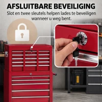 HOMCOM® mobiele werkplaatswagen, afsluitbaar met 16 schuifladen, rood / schuiflade gereedschapwagen wagen met wielen  gereedschapskist (rood)(m-6)