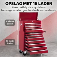 HOMCOM® mobiele werkplaatswagen, afsluitbaar met 16 schuifladen, rood / schuiflade gereedschapwagen wagen met wielen  gereedschapskist (rood)(m-4)