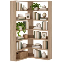 HOMCOM Bibliotecă de colț 7 nivele, raft de depozitare în formă de L cu borduri posterioare anti-cădere, efect lemn natural(m-7)