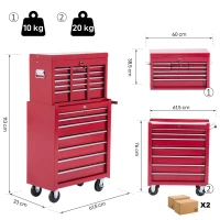 HOMCOM® mobiele werkplaatswagen, afsluitbaar met 16 schuifladen, rood / schuiflade gereedschapwagen wagen met wielen  gereedschapskist (rood)(m-3)