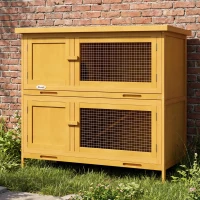 PawHut Conejera de Madera de 2 Pisos con Techo Asfáltico Bandejas Extraíbles y Rampa para 2 Conejos 97x44x91 cm Amarillo(m-2)