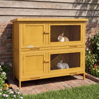 PawHut Conejera de Madera de 2 Pisos con Techo Asfáltico Bandejas Extraíbles y Rampa para 2 Conejos 97x44x91 cm Amarillo(m-9)