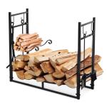 2-in-1 haardvuurkorf met houten plank en metalen zwart metalen vonkenbeschermer(c-2)