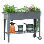 Verhoogd bed met wielen en plank kruidenbed plantenbed metaal kunststof grijs
