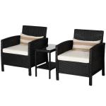 Outsunny 2-Seater PE Rattan Side Table & Armchair Bistro Set w/ Pillows Black(c-2)