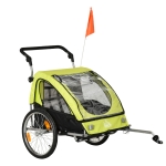 HOMCOM 2-in-1 kinderaanhanger fietskar kinderwagen met opbergtas tweelaags stalen buis metaal oxford groen + zwart 160 x 84 x 106 cm