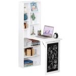 HOMCOM Fold-out Convertible Writing Desk Wall Mount Cabinet with Blackboard and Side Shelf Multi-Function Home Office Workstation, White(c-1)